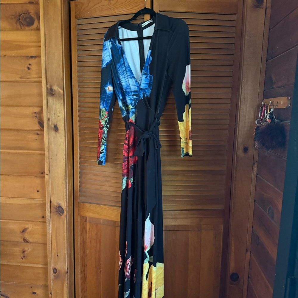 Alice + Olivia Black Floral Wrap jumpsuit with Blue, Red, Yellow Accents